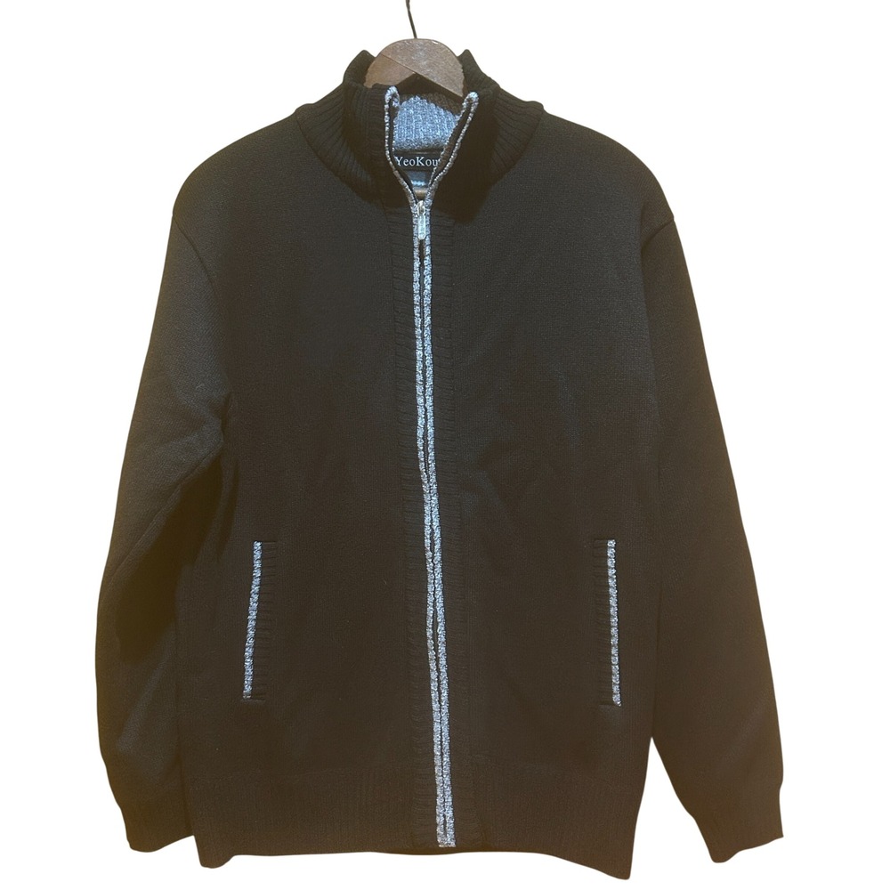 YeoKou‎ Cardigan Mens M Black Zip Knit Mock Neck Plaid Lined Grandpa Office